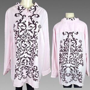 Roaman's + 24W Pink-Maroon Scroll Print Button Down Collar Long Sleeve Shirt